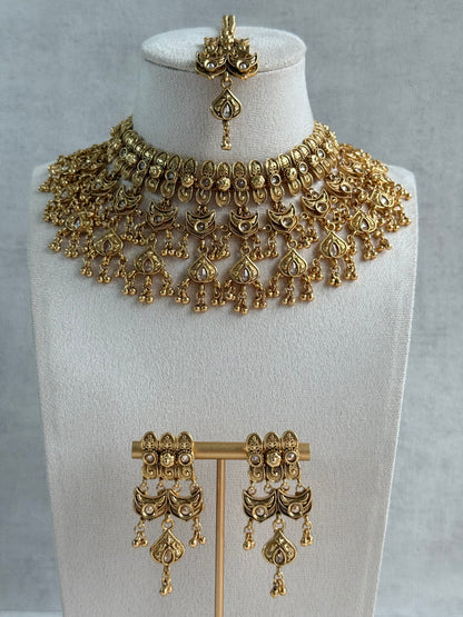 Ayura Designs Sifat Bridal Set with Earrings & Tikka – Antique Gold Kundan Waterfall Design with Paisley & Ghungroo Drops