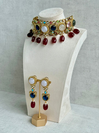 Ayura Designs Dahlia Choker Set with Earrings – Multicolour Stones, Crystal Detailing & Ruby Red Drops