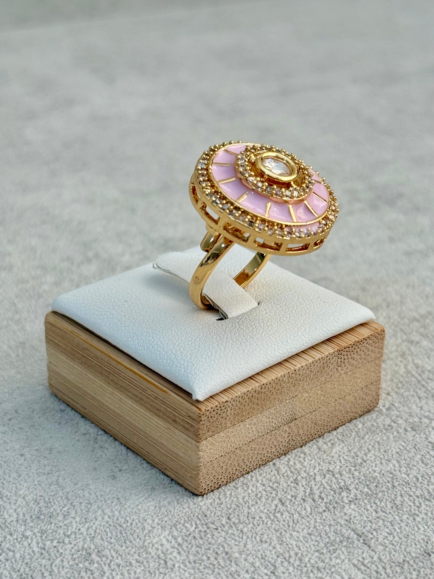 Ayura Designs Maisie Adjustable Ring – Blush Pink Enamel with Crystal Border & Moissanite Centre