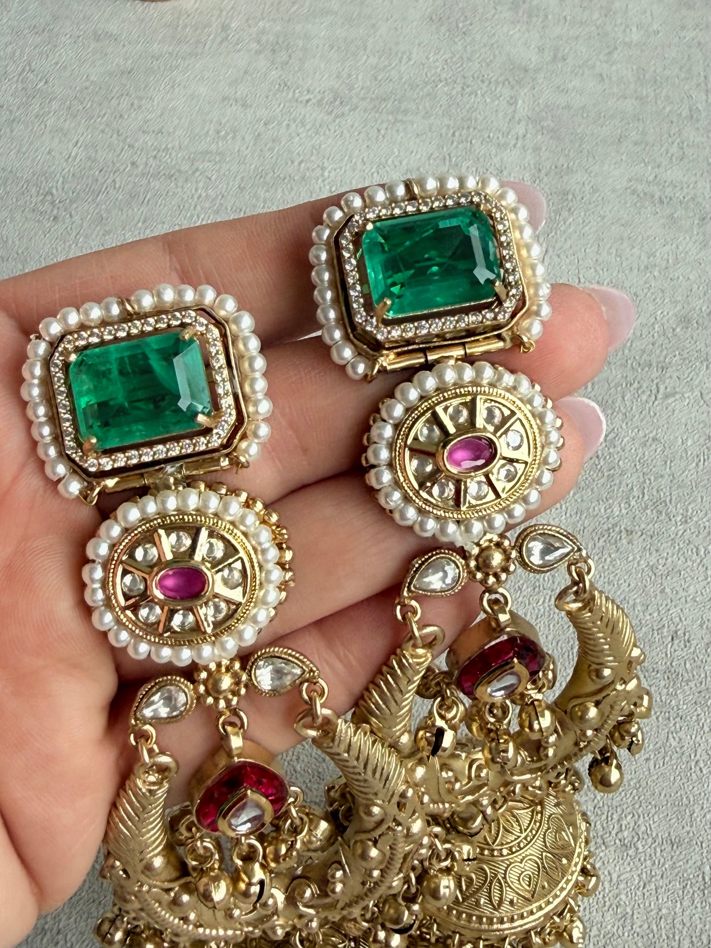 Ayura Designs Zirwa Earrings – Statement Jhumkis with Jade Green Stones, Ruby Accents, Pearl Borders & Ghungroos