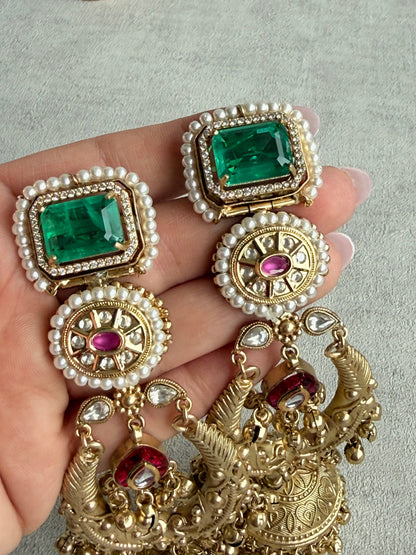 Ayura Designs Zirwa Earrings – Statement Jhumkis with Jade Green Stones, Ruby Accents, Pearl Borders & Ghungroos