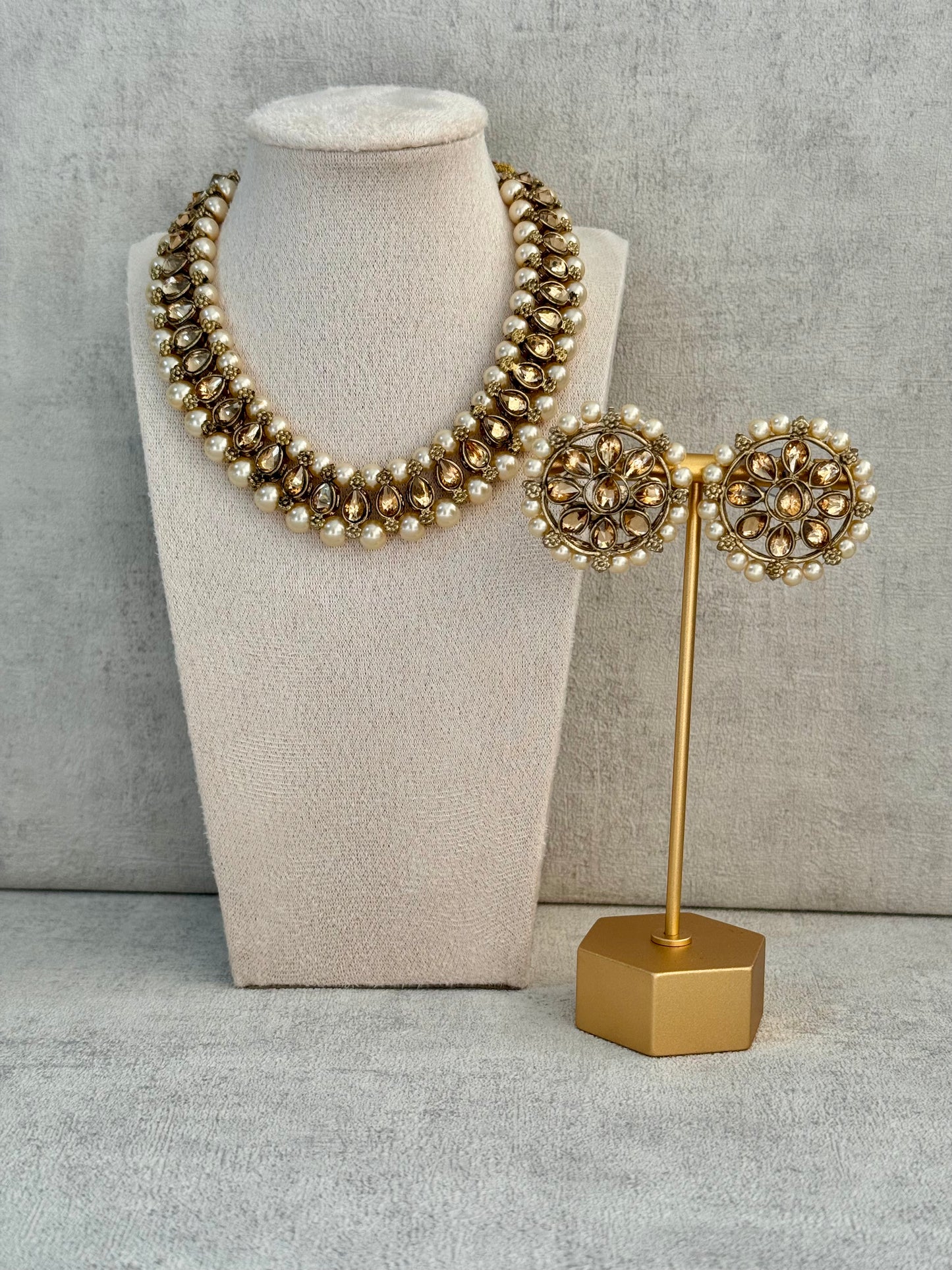 Ayura Designs Hala Set with Studs– Elegant Gold Stones & Ivory Beads