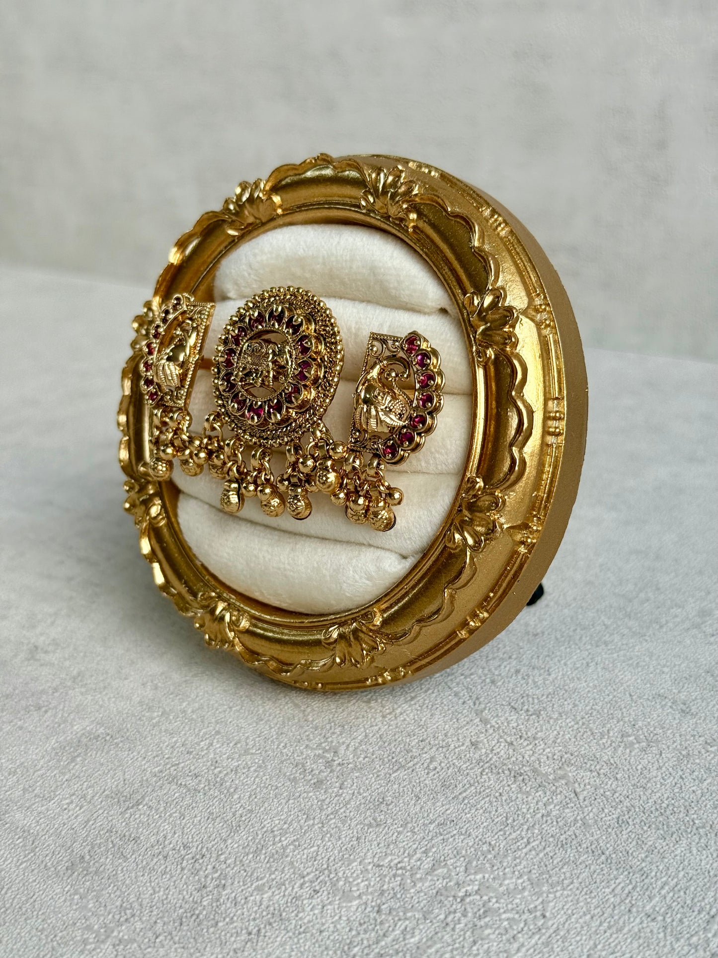 Ayura Designs Nira Adjustable Ring – Jadau-Inspired Elephant Motifs with Rani Pink Stones, Pearl Drops & Ghungroos