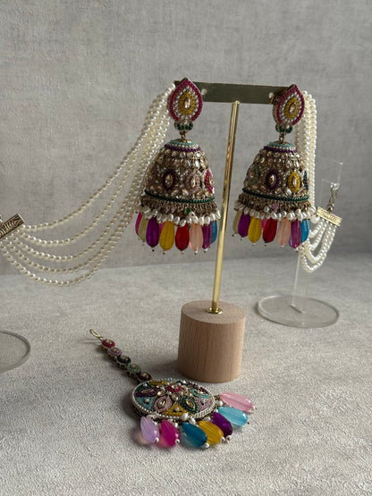 Ayura Designs Amrita Set – Jhumkis with Sahare & Tikka in Multicolour Beads, Pearls and Antique Gold Finish