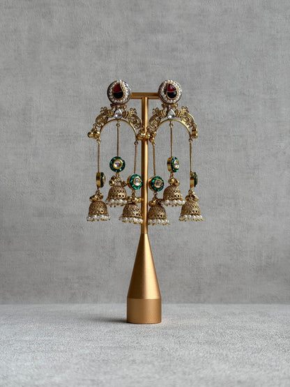 Ayura Designs Arzina Earrings – Triple Jhumki Earrings with Emerald Green Stones, Pearl Borders & Gold Detailing