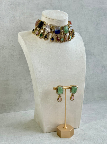 Ayura Designs Adelaide Necklace Set with Earrings – Multicolour Moissanite with Green Stone Drop Earrings