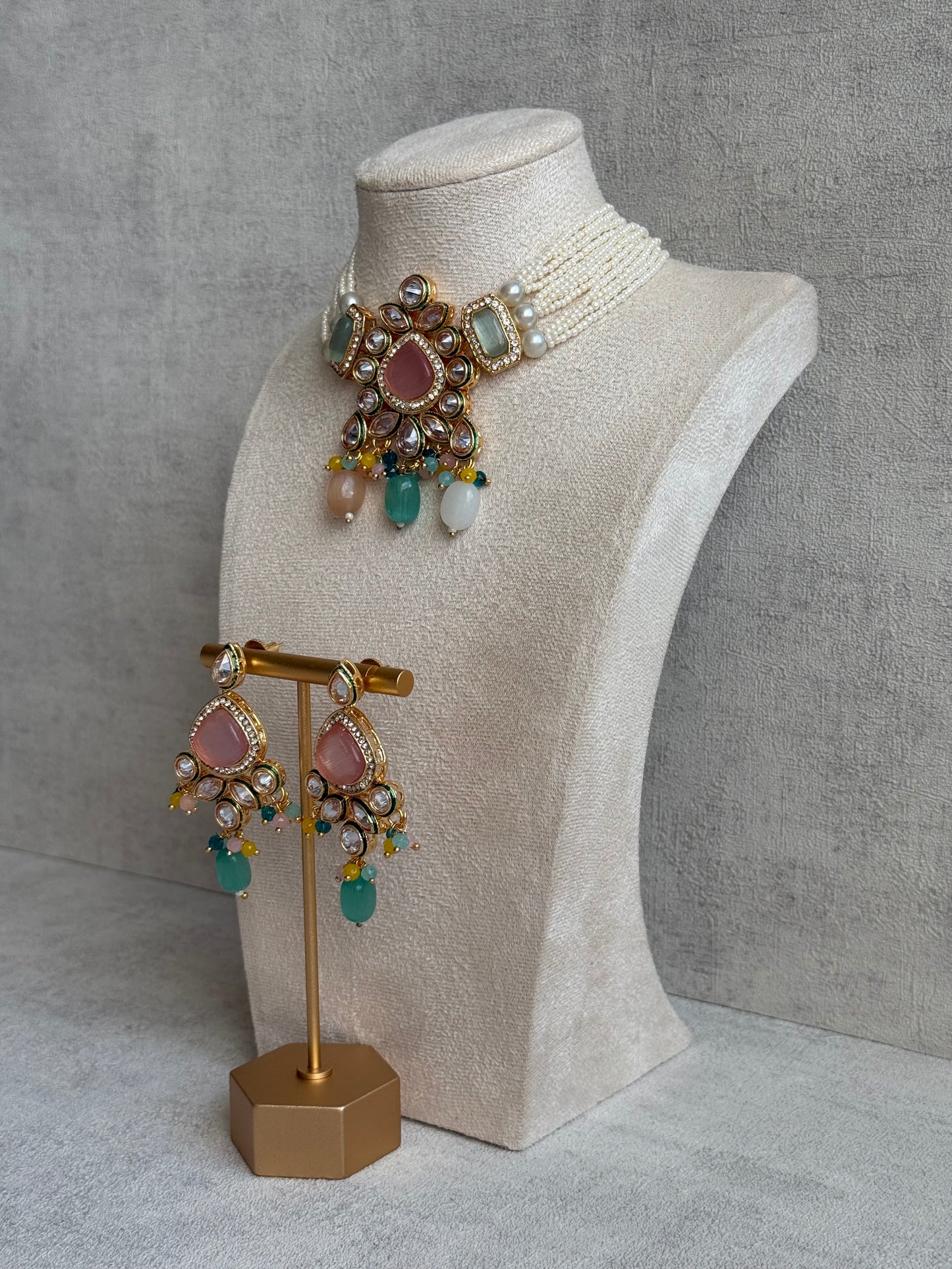Ayura Designs Paheli Set with Earrings – Multicolour Stones, Kundan Detailing & Pearl Strands