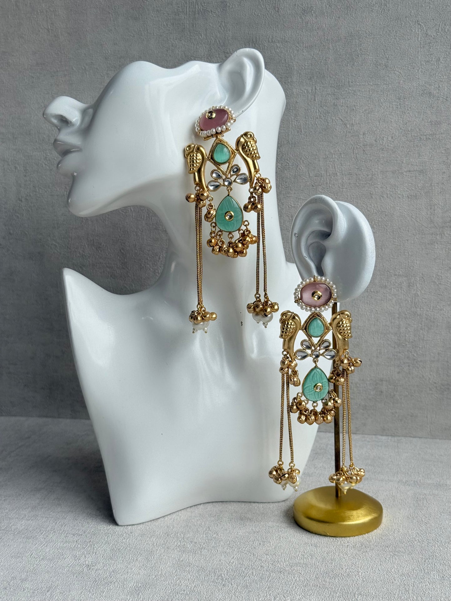 Ayura Designs Mehrun Earrings – Kashmiri Earrings with Mint Green Stones, Blush Pink Detailing & Pearl Drop Chains