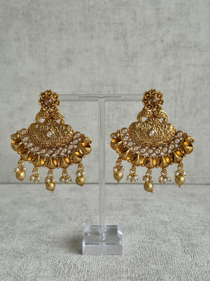 Ayura Designs Neera Earrings in Antique Gold with Mirror-Cut Polki & Pearls