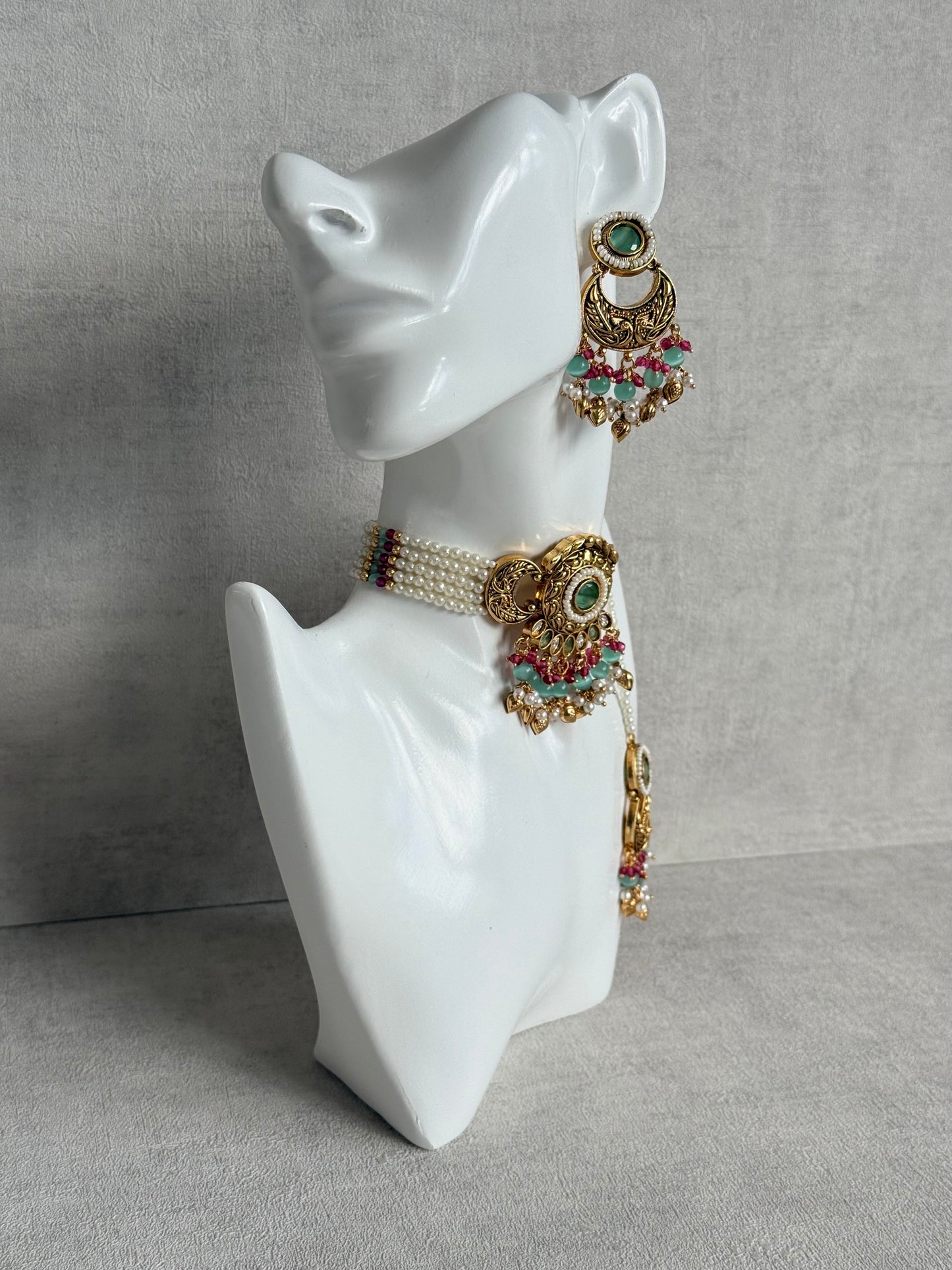 Ayura Designs Mehr Choker Set with Earrings & Tikka – Mint Green Stones, Ruby Pink Beads, Pearl Strands & Antique Gold Finish
