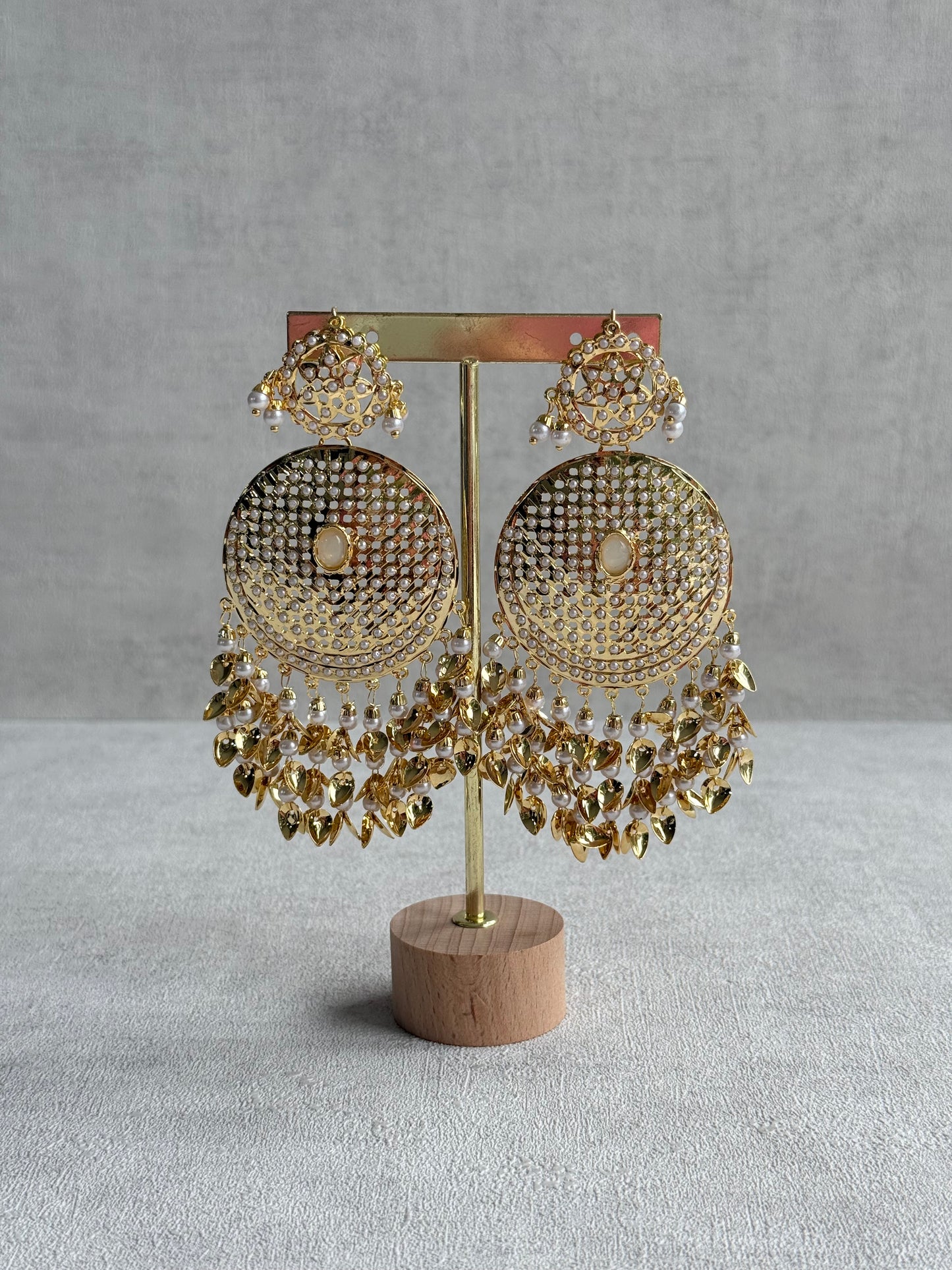 Ayura Designs Seerat Earrings – Ivory Gold Pippal Patti Design with Pearls