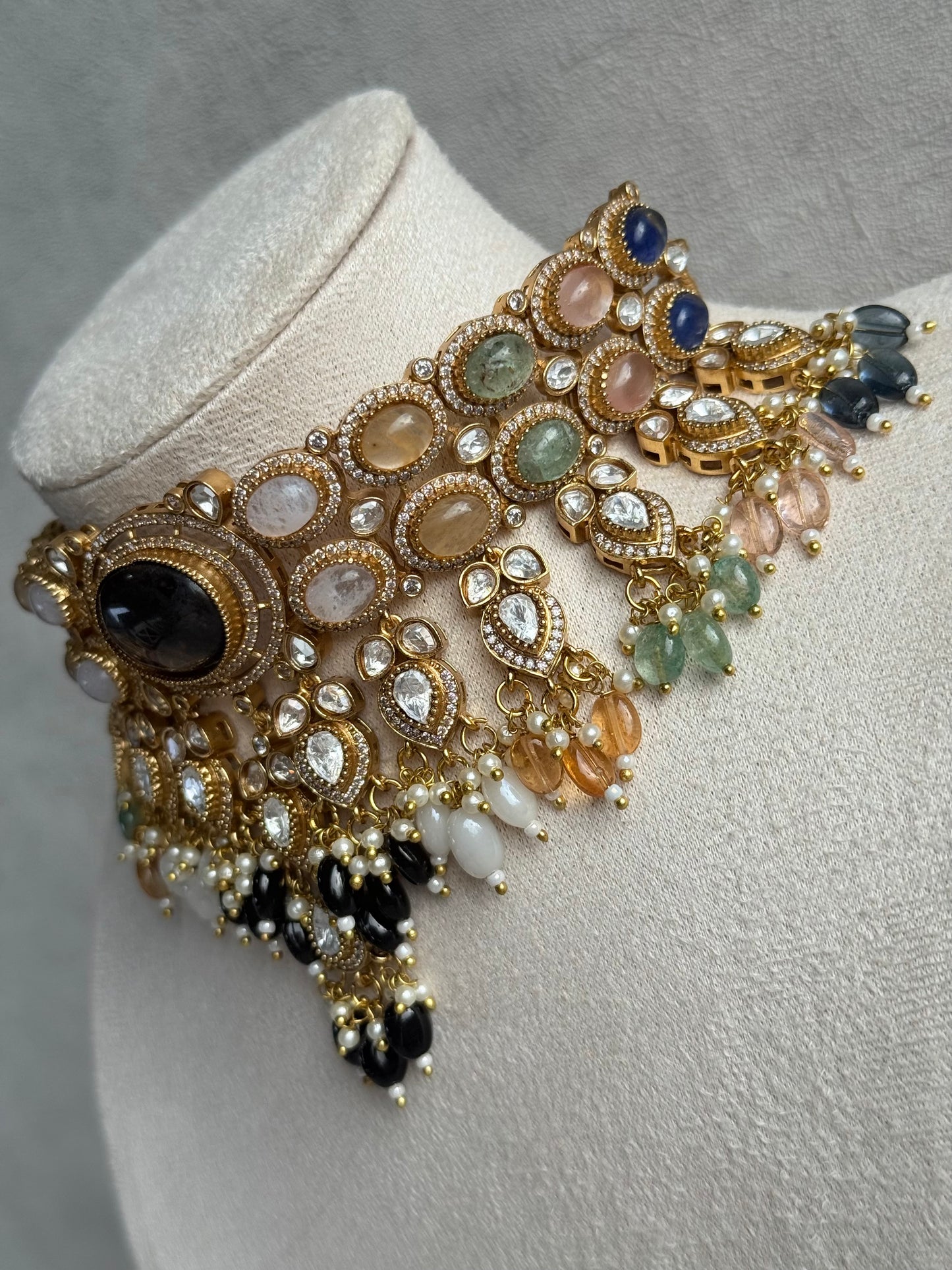 Ayura Designs Poppy Choker Set with Statement Earrings – Smoky Stone Centre with Pastel Beads, Pearls and Black Drops