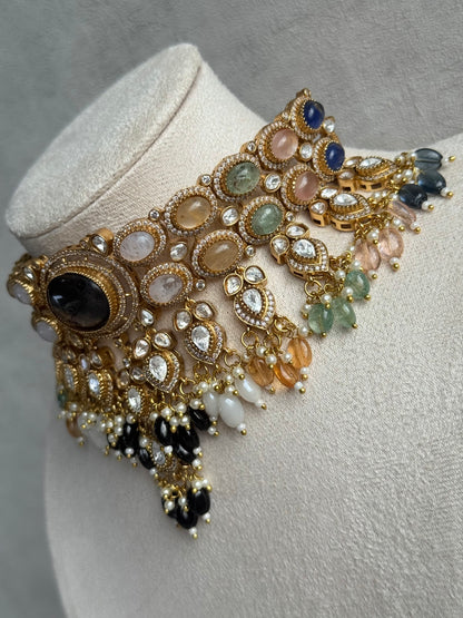 Ayura Designs Poppy Choker Set with Statement Earrings – Smoky Stone Centre with Pastel Beads, Pearls and Black Drops