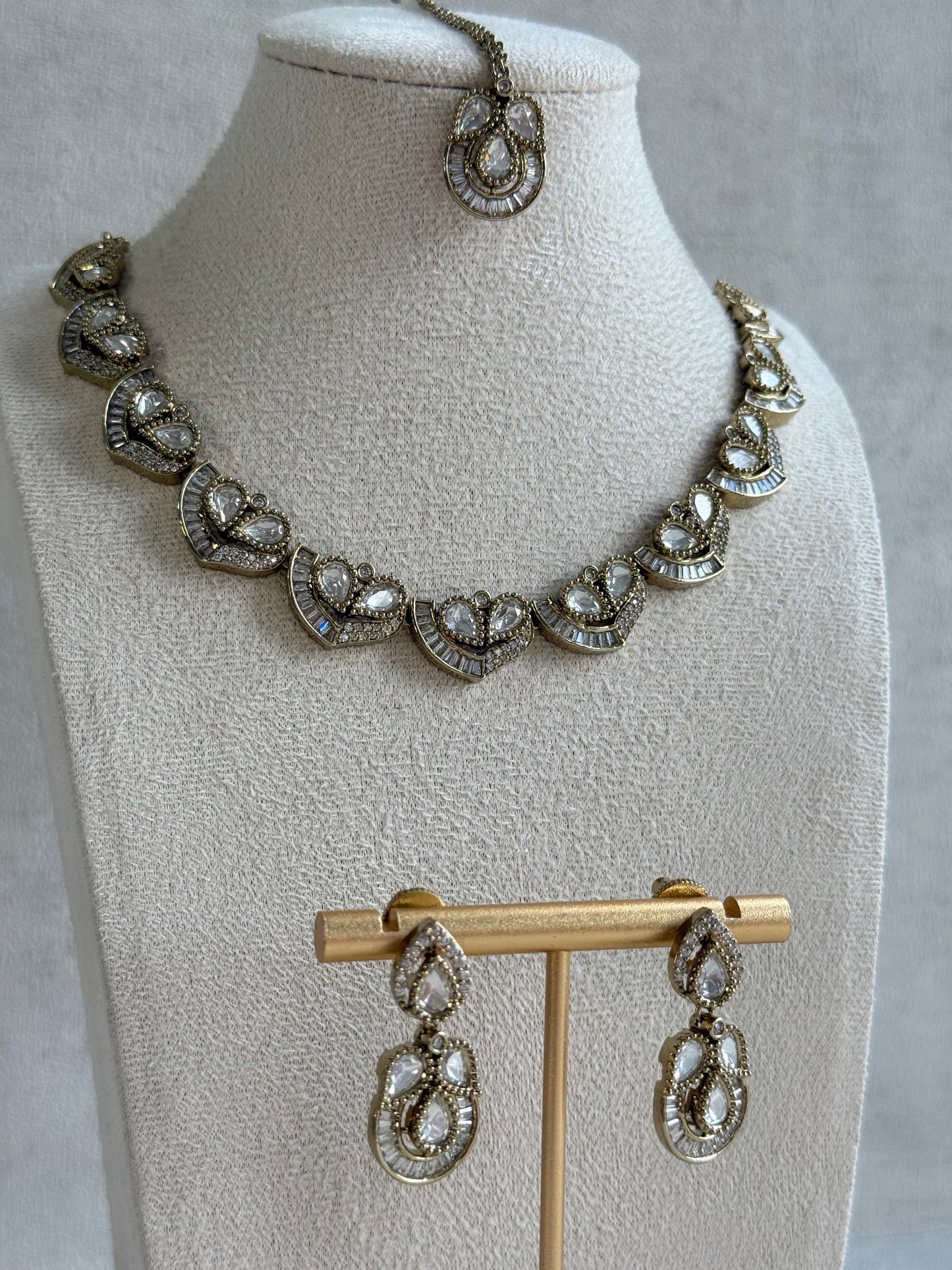 Ayura Designs Katalina Necklace Set with Earrings & Tikka – Crystal Detailing & Antique Gold Finish
