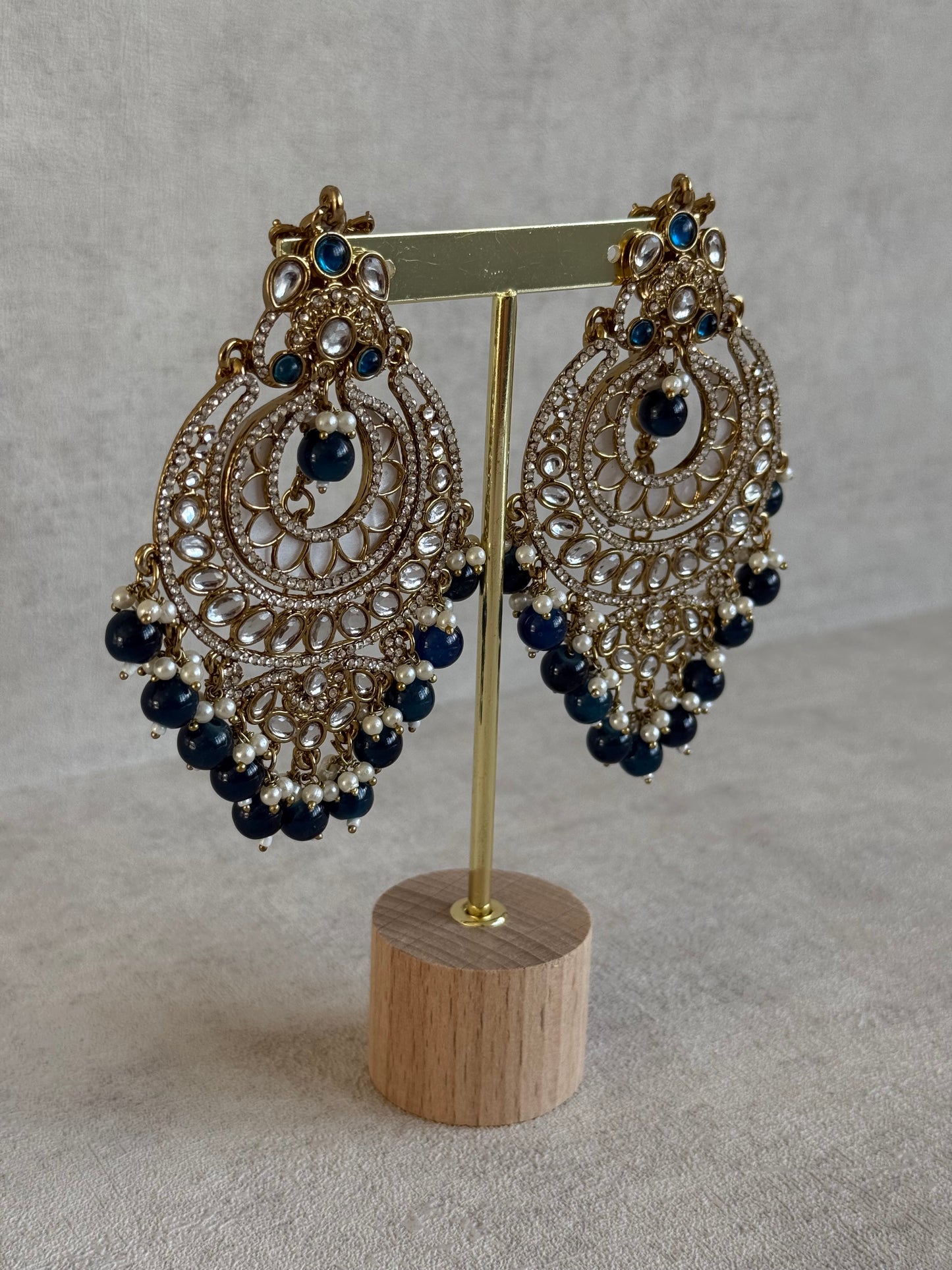 Ayura Designs Rabia Chandbalis – Antique Gold Kundan Earrings with Midnight Blue Beads, Pearls & Attached Sahare