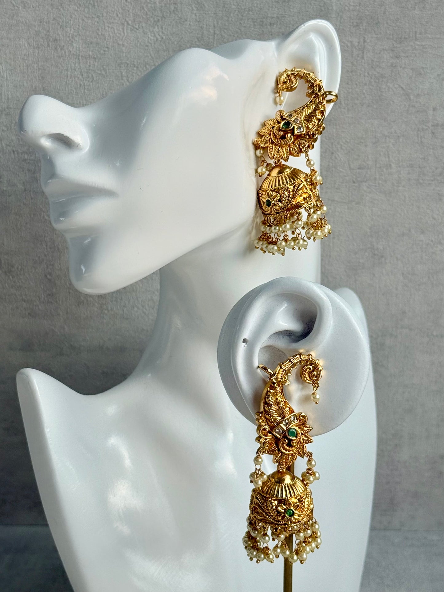 Ayura Designs Anika Jhumkis – Gold Half Ear Cuffs with Peacock Motif, Green Stone Accents, Kundan Crystals & Pearl Jhumka Drops