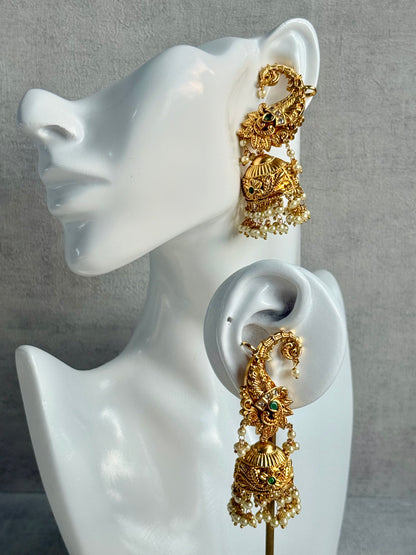 Ayura Designs Anika Jhumkis – Gold Half Ear Cuffs with Peacock Motif, Green Stone Accents, Kundan Crystals & Pearl Jhumka Drops