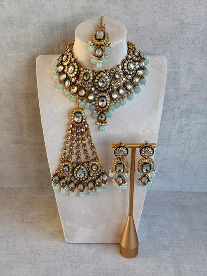 Ayura Designs Jashan Set with Necklace, Earrings, Tikka & Passa – Kundan Detailing, Pearl Drops & Soft Mint Green Beads