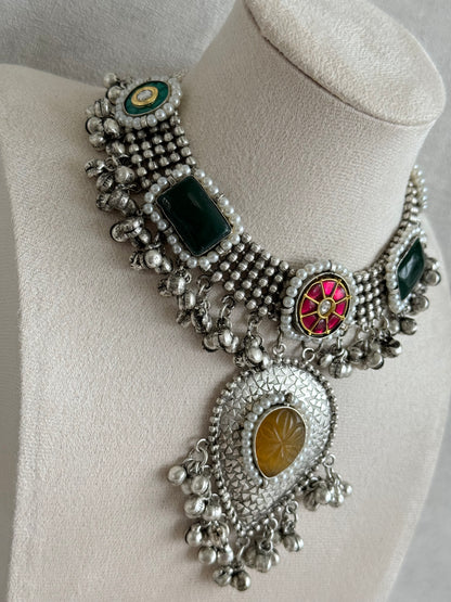 Ayura Designs Izel Necklace Set with Jhumkis – Oxidised Silver Statement Necklace with Multicolour Stones & Ghungroo Detailing