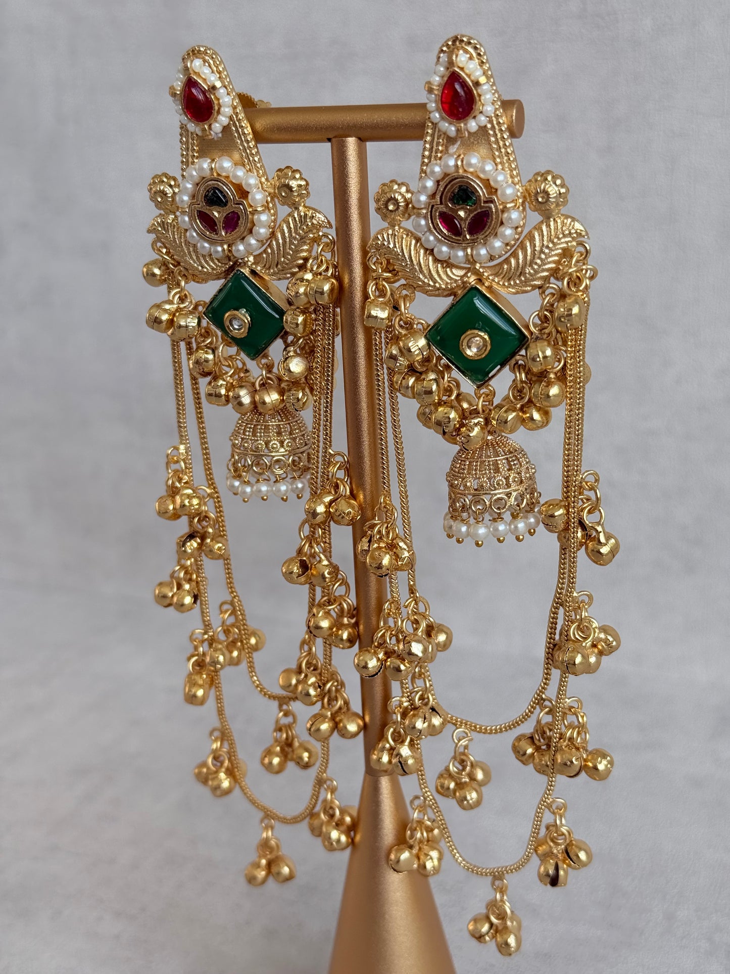 Ayura Designs Simal Earrings – Kashmiri Earrings with Green Stone, Multicoloured Detailing, Layered Ghungroo Chains & Jhumkis