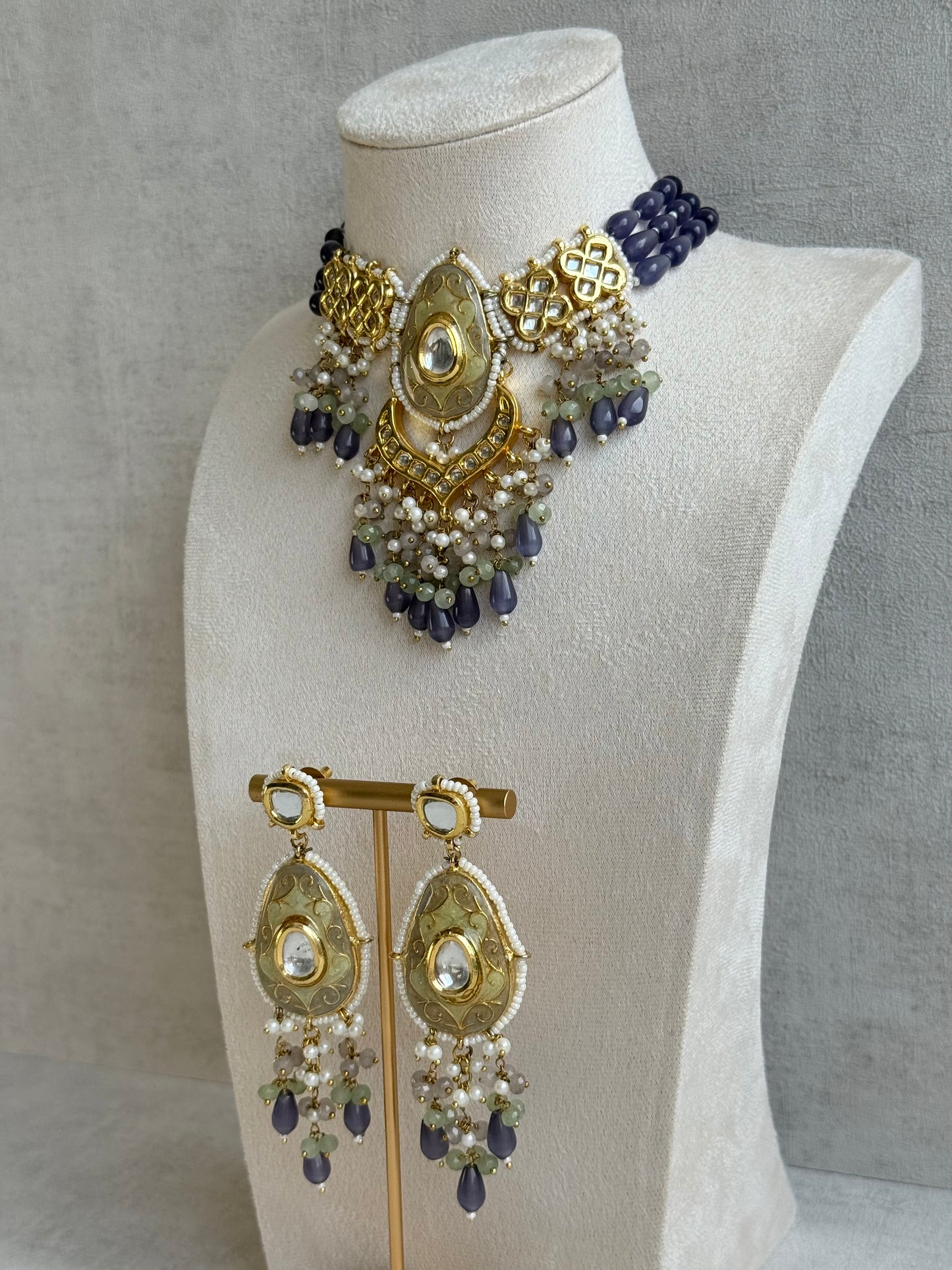 Ayura Designs Zarwali Meenakari Kundan Choker Set with Earrings – Dusty Lavender & Pearl Bead Detailing