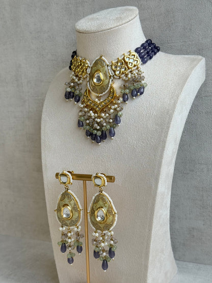 Ayura Designs Zarwali Meenakari Kundan Choker Set with Earrings – Dusty Lavender & Pearl Bead Detailing