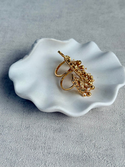 Ayura Designs Nira Adjustable Ring – Jadau-Inspired Gold Elephant Motifs with Rani Pink & Emerald Green Stones, Pearl Drops & Ghungroos