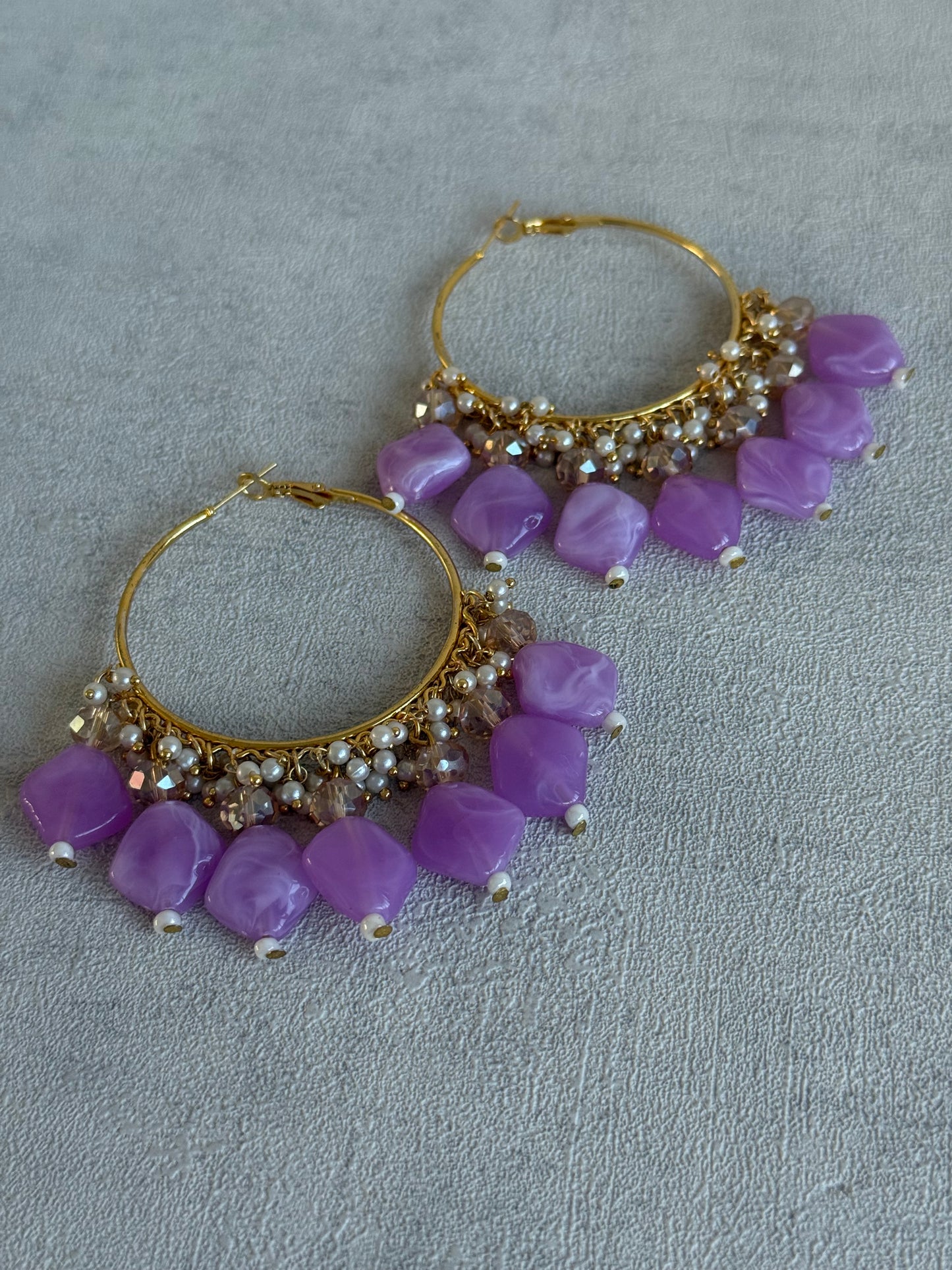 Ayura Designs Heer Balis – Gold Hoops with Lilac Marble Beads, Pearls & Crystal Detailing