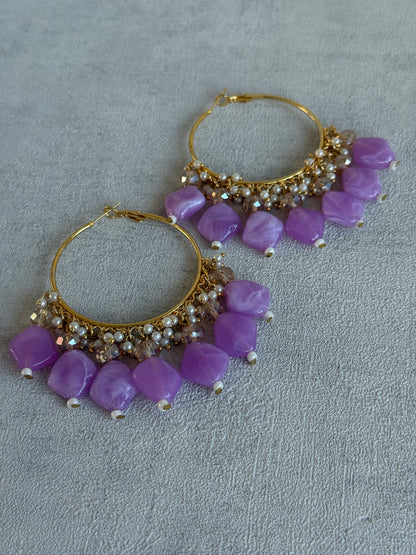 Ayura Designs Heer Balis – Gold Hoops with Lilac Marble Beads, Pearls & Crystal Detailing