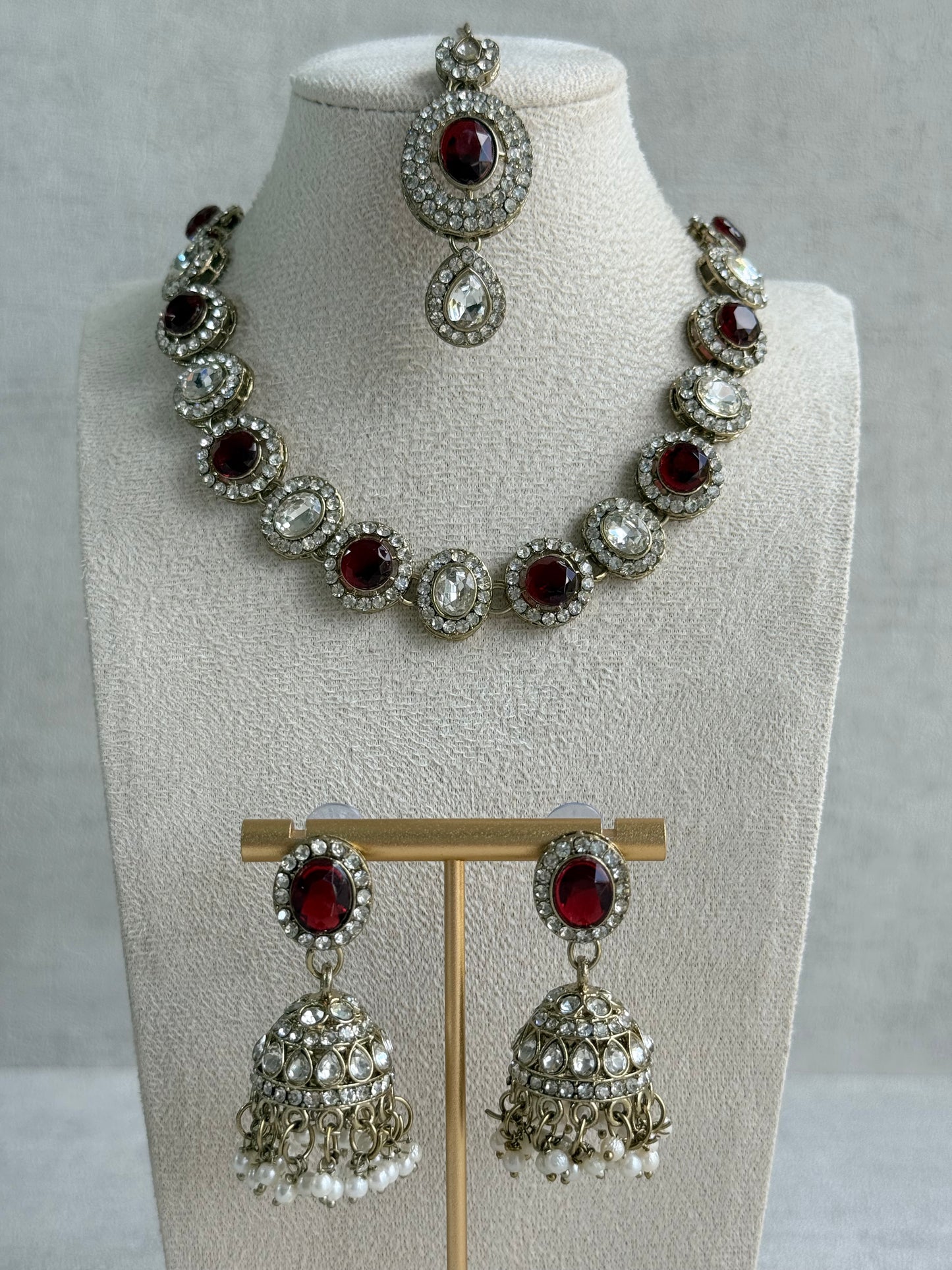 Ayura Designs Eira Necklace Set with Earrings & Tikka – Ruby Red & Crystal Stones with Antique Gold Finish
