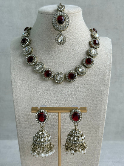 Ayura Designs Eira Necklace Set with Earrings & Tikka – Ruby Red & Crystal Stones with Antique Gold Finish