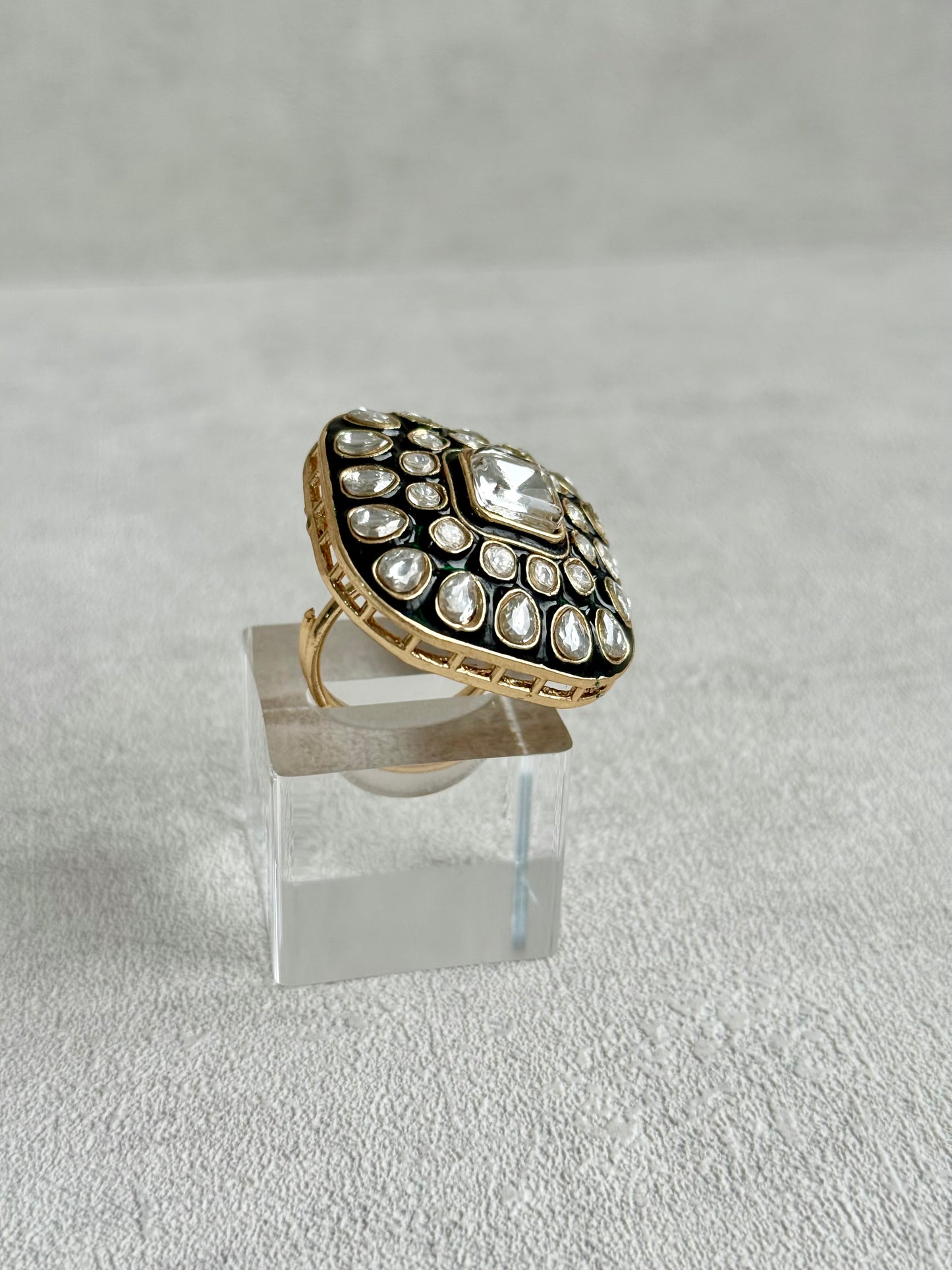 Ayura Designs Arzoo Adjustable Ring – Mirror-Cut Stone Centre with Green Enamel & Crystal Detailing