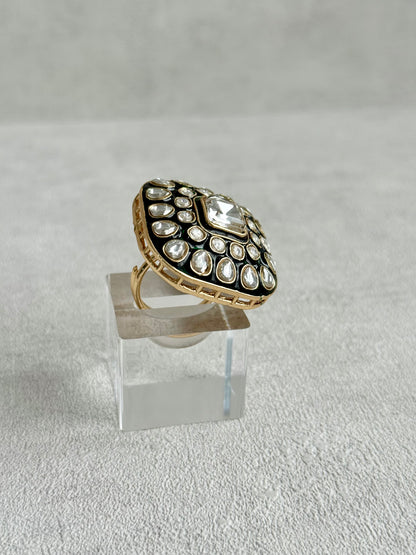 Ayura Designs Arzoo Adjustable Ring – Mirror-Cut Stone Centre with Green Enamel & Crystal Detailing