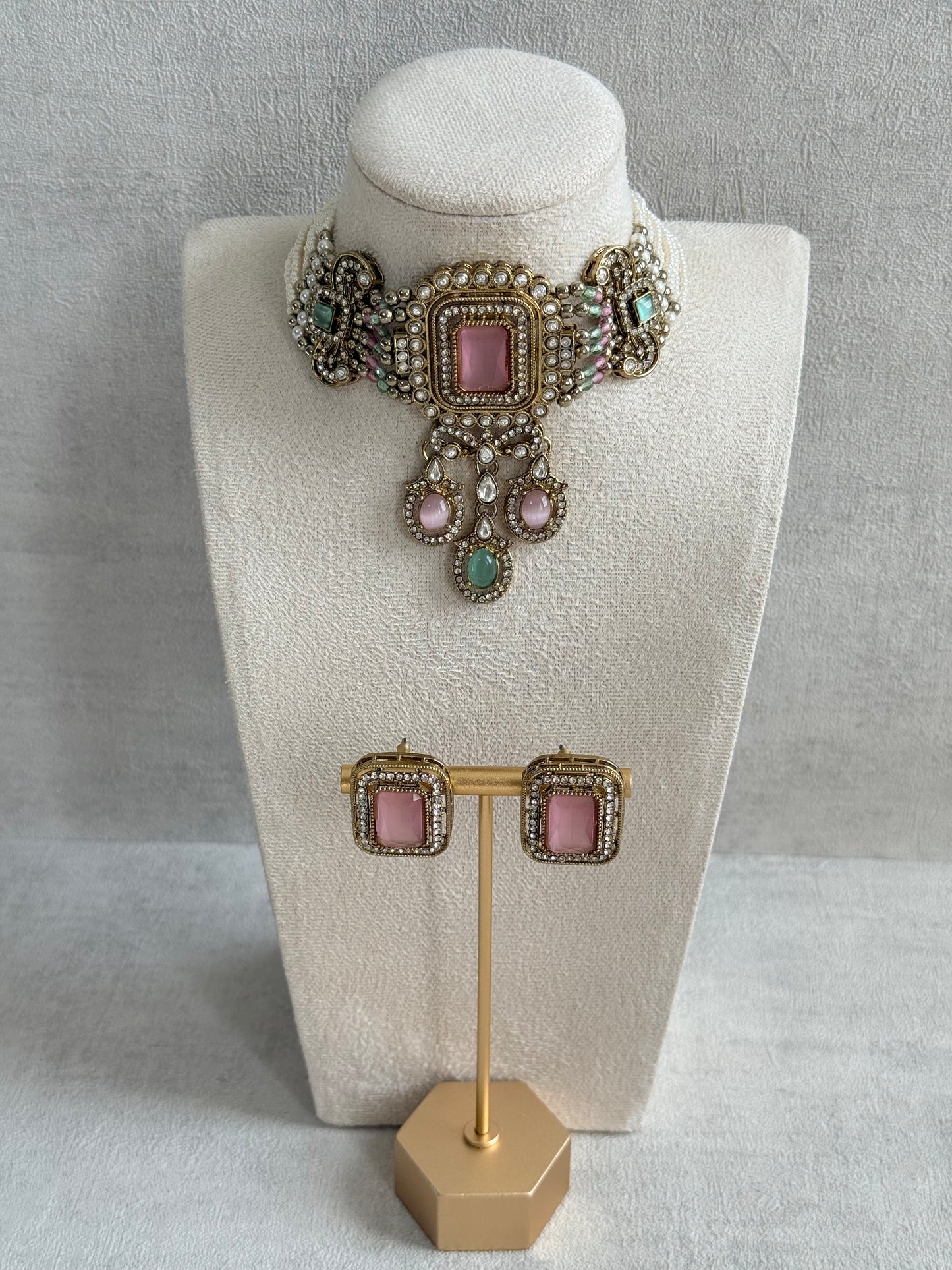 Ayura Designs Nabiha Choker Set with Studs – Blush Pink & Mint Green, Crystal Detailing & Gold Finish