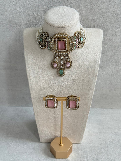 Ayura Designs Nabiha Choker Set with Studs – Blush Pink & Mint Green, Crystal Detailing & Gold Finish