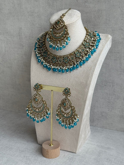 Ayura Designs Azka Set – Necklace, Earrings & Tikka with Turquoise Blue Beads, Ivory Pearls & Champagne Gold Finish