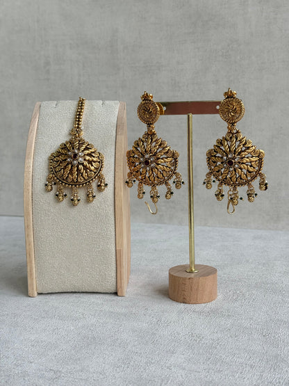 Ayura Designs Survi Tikka Set with Sahare Earrings – Antique Gold with Kundan, Pink Stones, Ivory & Green Beads
