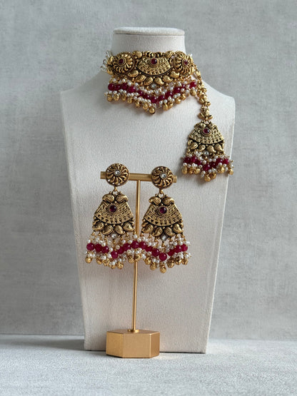 Ayura Designs Sairish Choker Set with Earrings & Tikka – Ruby Pink Beads, Pearl Detailing, Ghungroos, Paisley Motifs & Antique Gold Finish