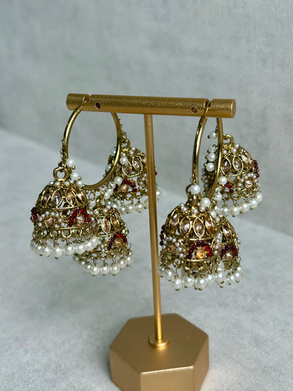 Ayura Designs Nakhra Balis – Ruby Red Triple Dome Earrings with Pearl Clusters & Mirror-Cut Detailing