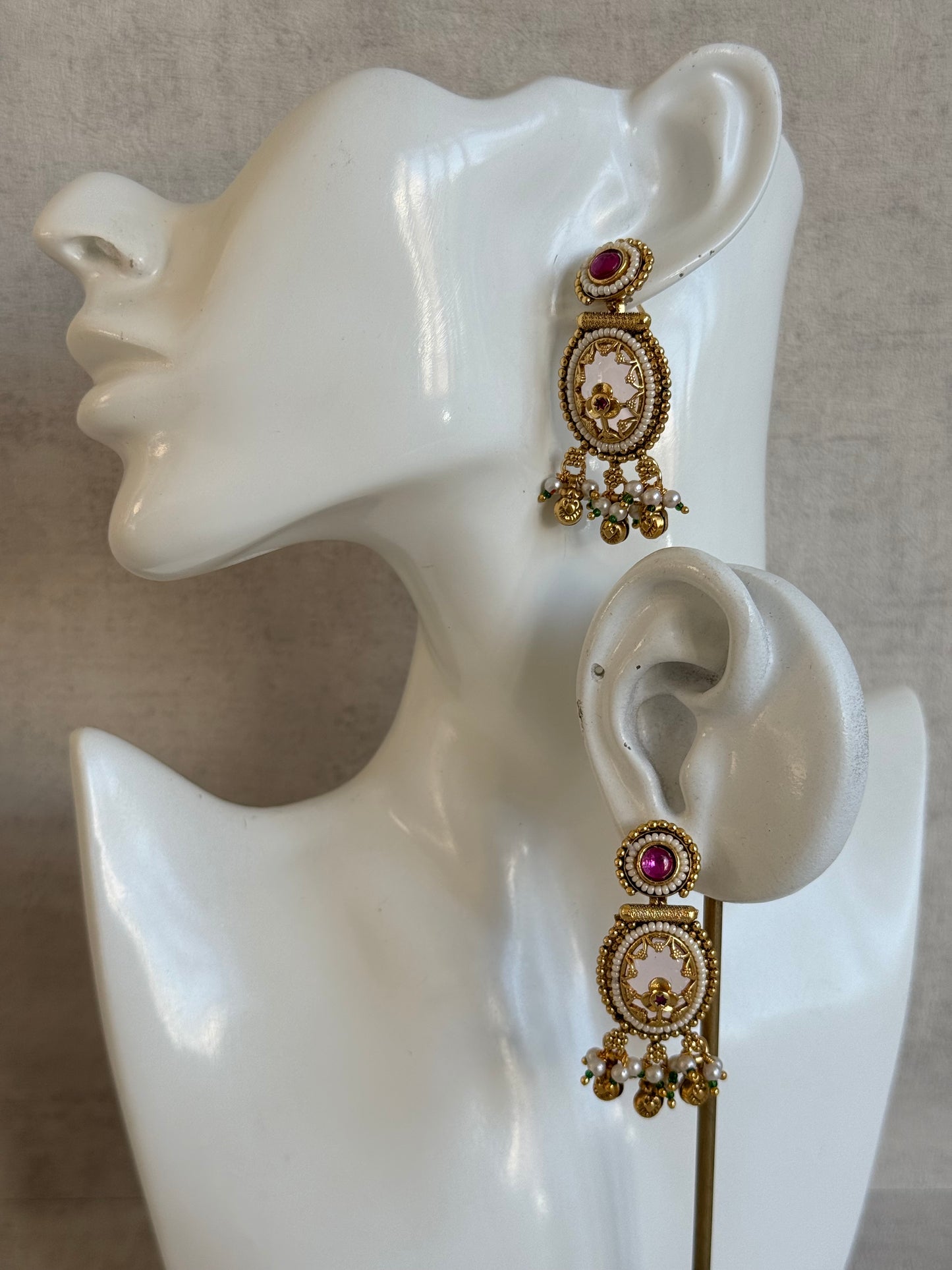 Ayura Designs Enjal Earrings – Blush Pink Enamel, Pearl Beading, Pink Stone & Gold Finish