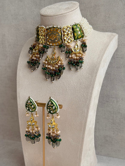 Ayura Designs Rehma Meenakari Kundan Choker Set with Earrings – Emerald Green & Pearl Bead Detailing