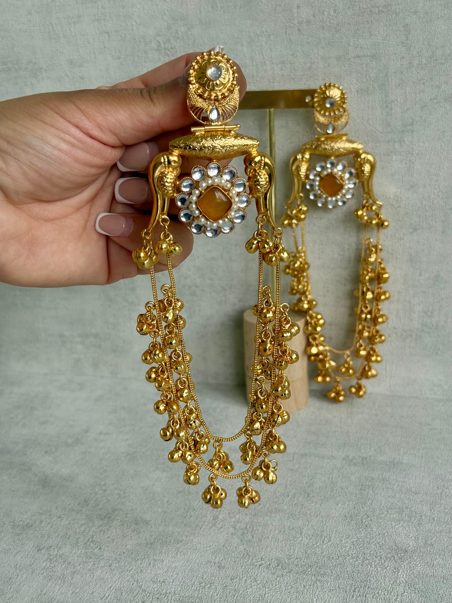 Ayura Designs Meelan Earrings – Antique Gold Earrings with Bird Motifs, Amber Stone & Ghungroo Detailing