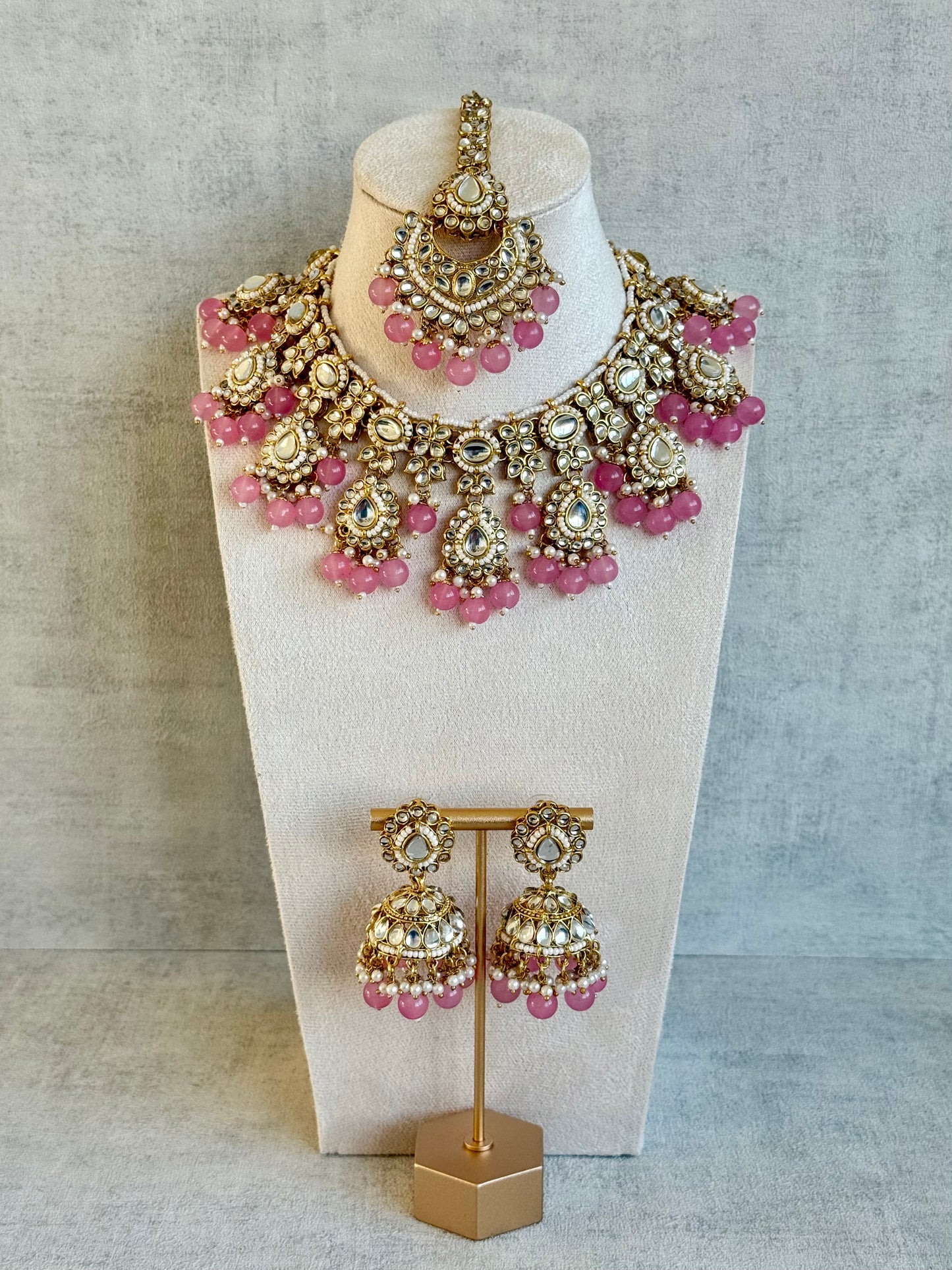 Ayura Designs Iyla Set with Necklace, Earrings & Tikka – Kundan Detailing, Ivory Pearl Drops & Soft Pink Beads