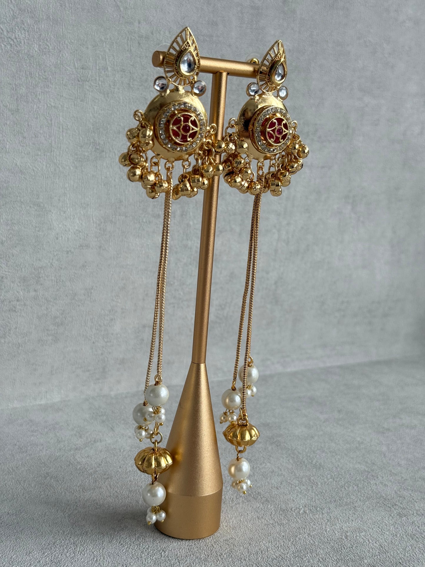 Ayura Designs Kashveen Earrings – Ruby Red Kundan Stones with Pearl Chain Drops & Ghungroo Detailing