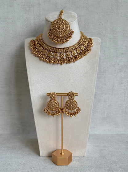 Ayura Designs Darya Necklace Set with Earrings & Tikka – Floral Antique Gold Statement Set with Ghungroo Detailing