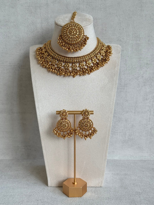 Ayura Designs Darya Necklace Set with Earrings & Tikka – Floral Antique Gold Statement Set with Ghungroo Detailing