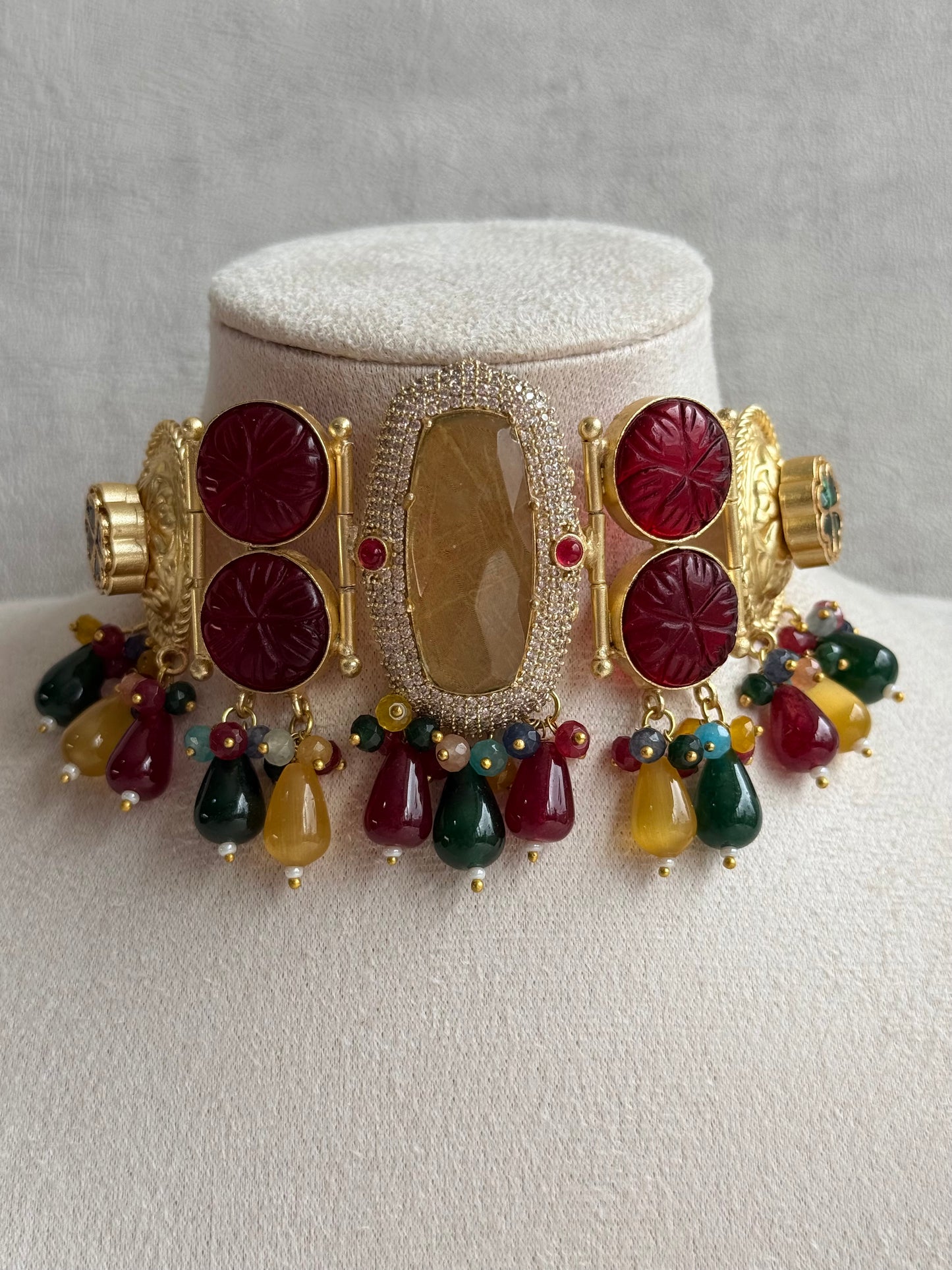 Ayura Designs Faizaan Choker Set with Earrings – Multicolour Stone Drops, Carved Ruby Details & Antique Gold Finish