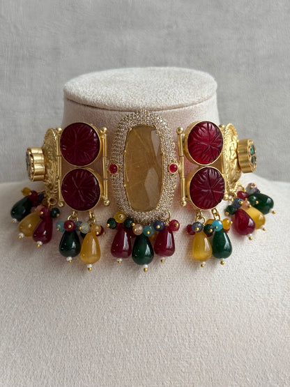 Ayura Designs Faizaan Choker Set with Earrings – Multicolour Stone Drops, Carved Ruby Details & Antique Gold Finish