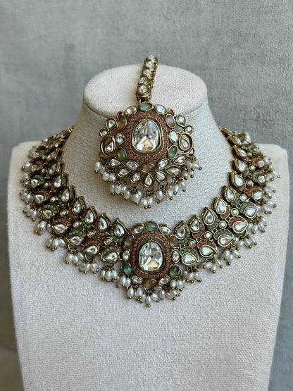 Ayura Designs Durriya Set with Earrings & Tikka – Antique Gold Finish, Mirror-Cut Stones & Pastel Pink, Mint & Ivory Enamel