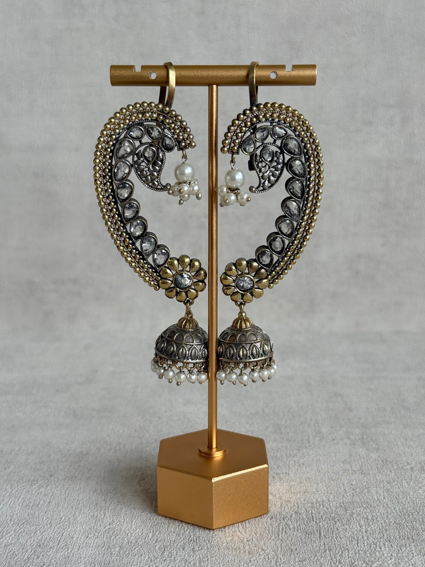 Ayura Designs Koyal Jhumkis – Oxidised Dual Tone Ear Climber Jhumkis with Kundan Stones & Pearl Detailing